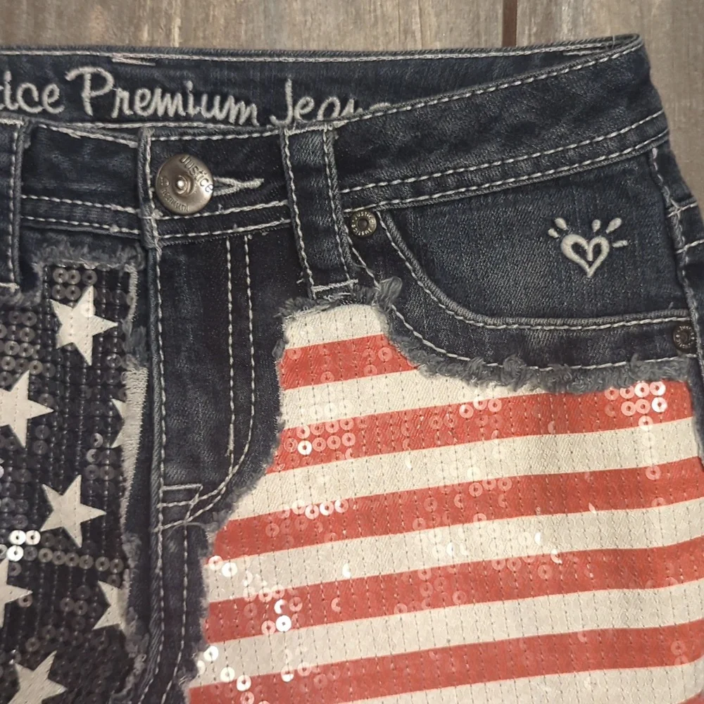 3/$30 JUSTICE Jeans girls sequin USA American Flag patriotic jean shorts sz 12